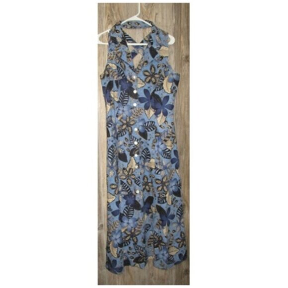 Coldwater Creek Blue Floral Button Up Cross Back Maxi Dress Size 12 Linen Rayon - Picture 1 of 12